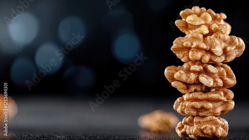 Stack of shelled walnuts on dark background