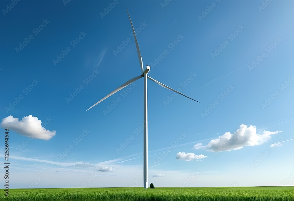 Fototapeta premium A tall wind turbine stands gracefully in a vibrant green field, surrounded by clear blue skies. The scene captures the essence of renewable energy in nature, symbolizing progress and sustainability.