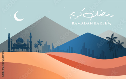 Ramadan Kareem posters, cards, holiday covers. Modern beautiful design in pastel colours with mosque, moon crescent, palm trees, mountains. Translation: Wishing you a Generous Month of Ramadan.