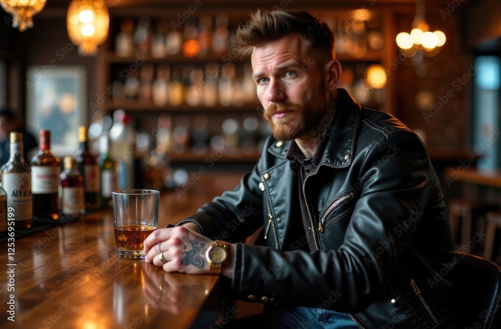 A brutal man with tattoos, a beard and a leather jacket sits at a bar with a glass of whiskey.