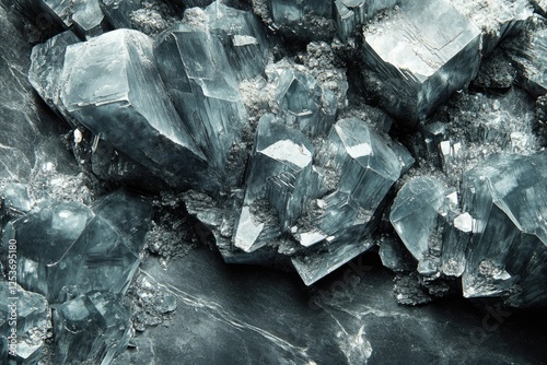 Close-up of dark grey crystals, sharp edges, clustered together on a dark surface.