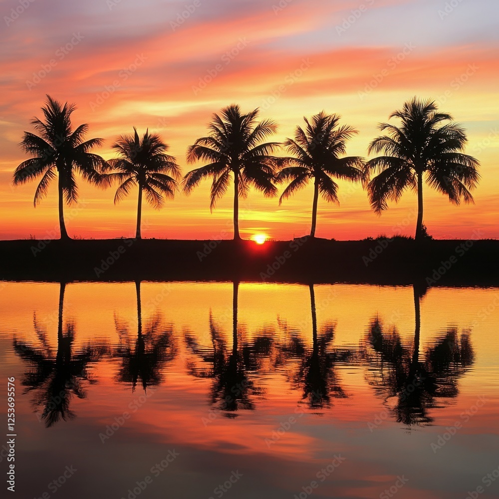 Obraz premium Silhouette Palm Trees At Sunset Over Calm Water And Horizon Reflection With Vibrant Colors At Golden Hour With Calm Water And Trees And Nature And Scenic Landscape And Coastal Scenery And Peaceful