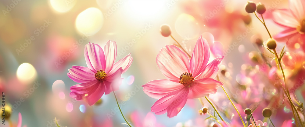 Obraz premium Delicate Pink Cosmos Flowers In Bloom With Soft Bokeh Background And Warm Light Glow