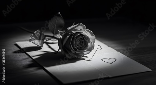 Emotional black-and-white portrait of a single rose pinned to a letter with a small heart1 photo