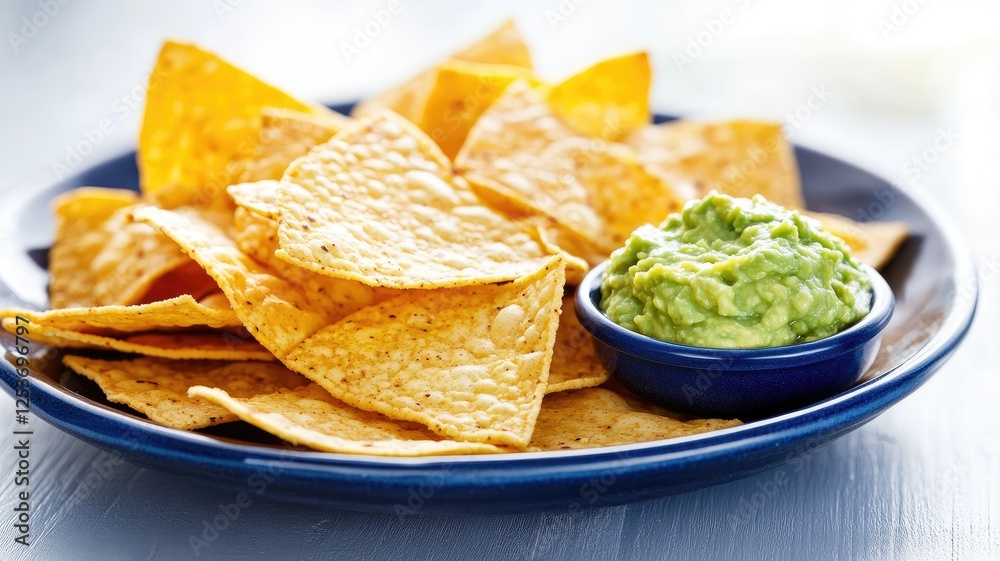 Plate of tortilla chips and guacamole dip on table Plate of tortilla chips and guacamole dip on table