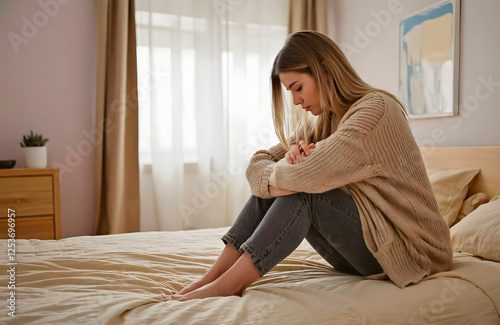 Tired upset woman worried about tiredness from domestic work sitting at couch. Frustrating mom stressful feels heaviness and headache at home. 