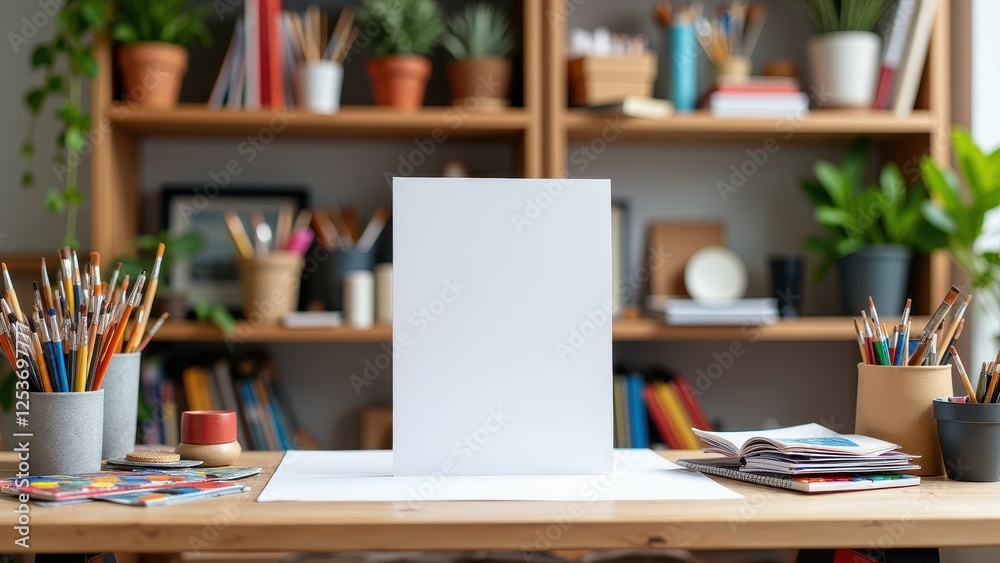 A4 Paper Mockup on Desk, Artistic desk in studio with A4 paper mockup paintbrushes photorealistic. A4 Paper Mockup on Desk, Artistic desk in studio with A4 paper mockup paintbrushes photorealistic.