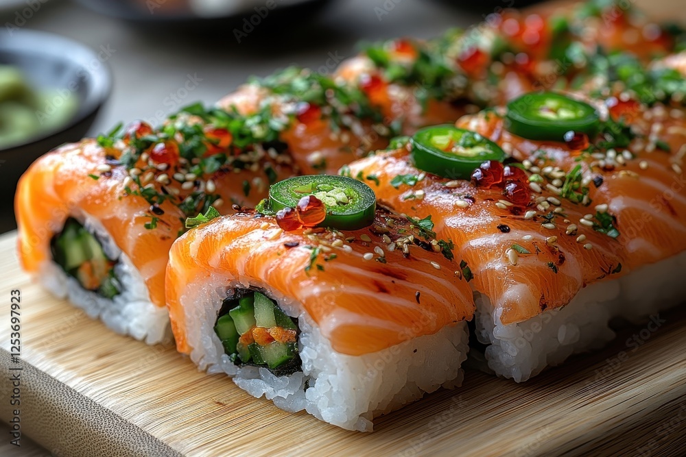 Freshly Prepared Sushi Rolls with Salmon and Garnishes on Wood Freshly Prepared Sushi Rolls with Salmon and Garnishes on Wood