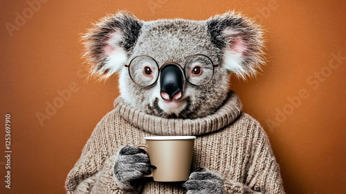 Cute Koala in Sweater Holding Coffee Mug Against Brown Background photo