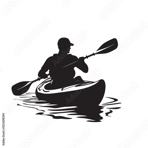 Silhouette of a Man Wearing a Cap Using a Canoe - Vector Illustration