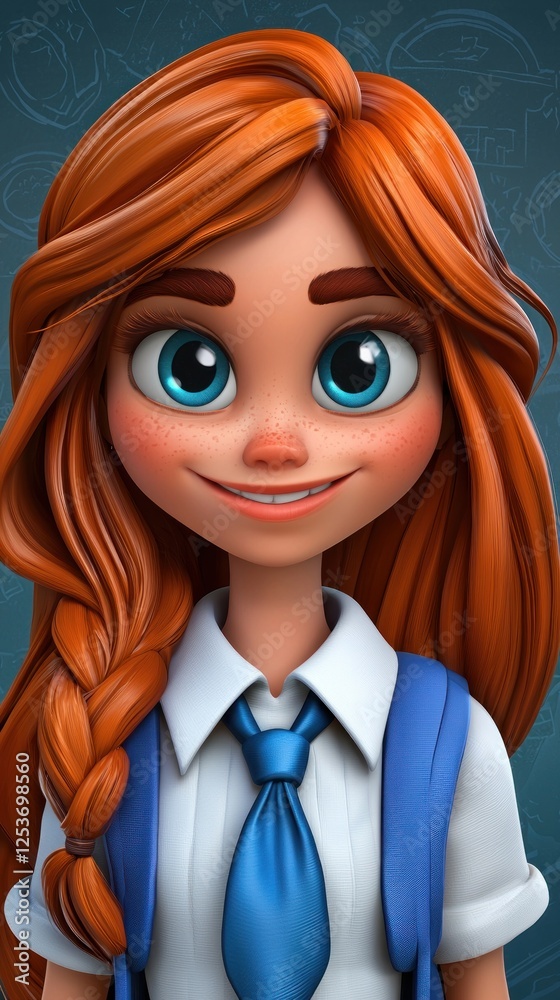 Cartoon girl with pigtails, smiling, school uniform, teal background Cartoon girl with pigtails, smiling, school uniform, teal background