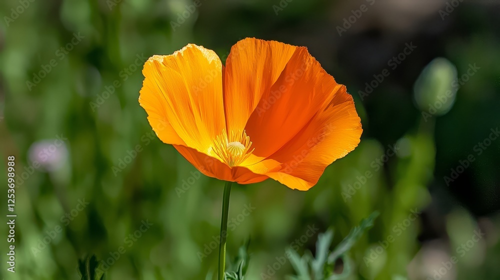 Single vibrant orange flower in a lush green field, captivating display of nature's beauty