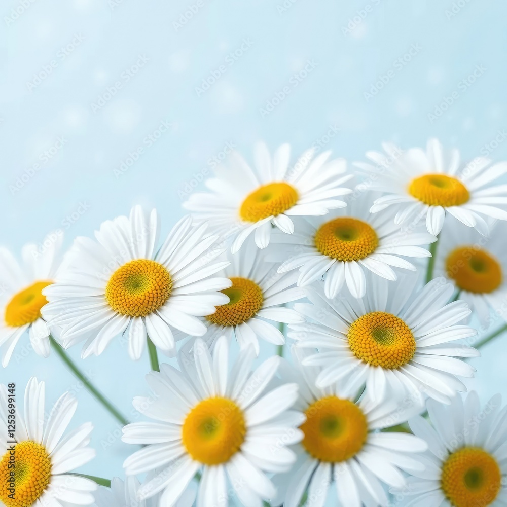 Obraz premium Soft petals of white daisies against pale blue background with intricate snowflakes dance in gentle breeze, winter, frosty, daisies