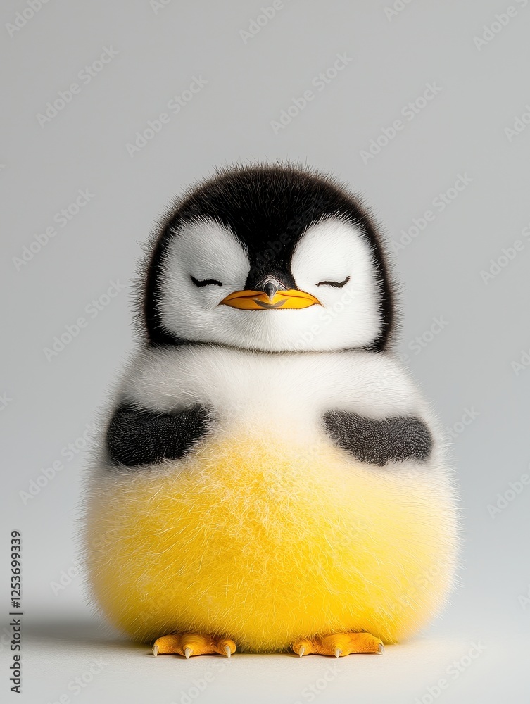 Fototapeta premium Adorable fluffy penguin chick standing with its eyes closed, showcasing a cute and peaceful expression.