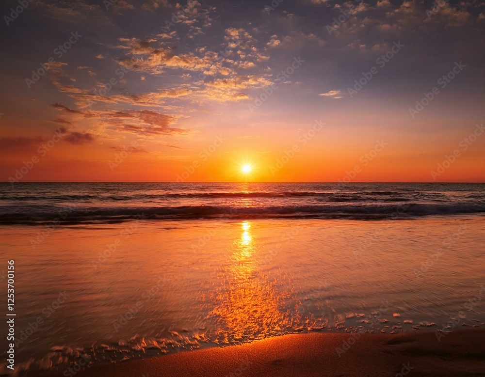 Obraz premium サンセット・ビーチ オレンジ色に染まる夕日と海のシルエット。空の広がりが大きなコピースースペースとなり、感動的なドラマ性をプラス