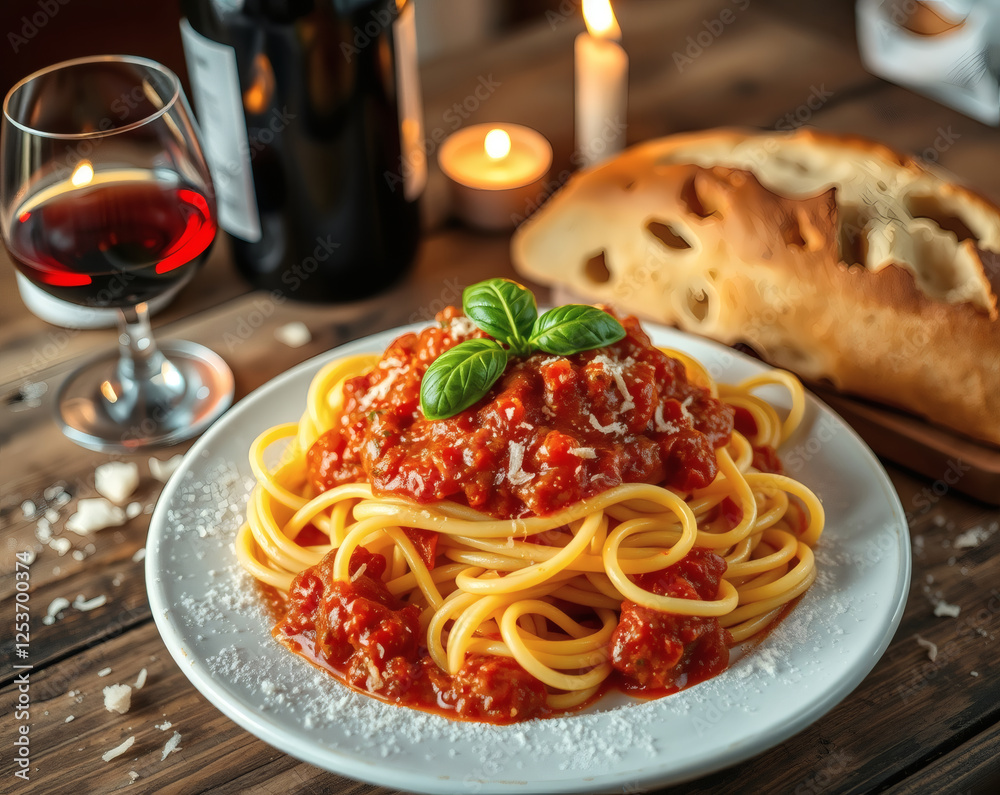 Fototapeta premium Delightful pasta dish served with wine in a cozy candlelit setting