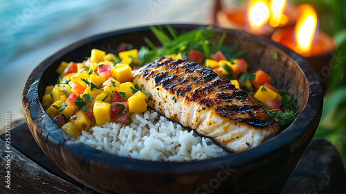 Grilled Fish with Mango Salsa Rice in Tropical Setting

 photo
