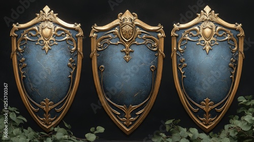 Ornate shields, dark background, elegant display, greenery backdrop photo