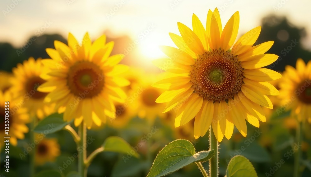 Fototapeta premium Sunflowers facing the direction of the warm sunlight, direction, flowers, natural