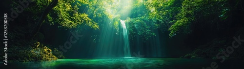 Waterfall in Lush Forest, Nature Scene, Photography, Background