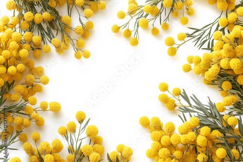 Frame with mimosas on white background