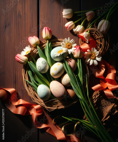 Colorful Easter eggs arranged among fresh flowers and decorative ribbons for a joyful spring celebration photo