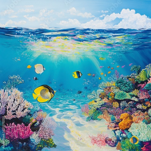 Fototapeta Naklejka Na Ścianę i Meble -  Vibrant Underwater Coral Reef Scene with Colorful Fish