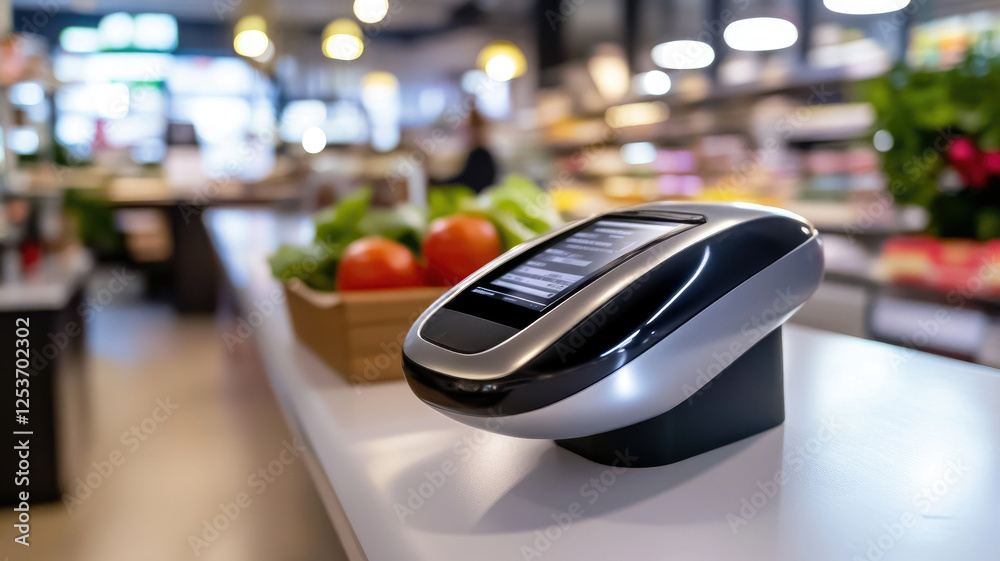 Modern card reader on supermarket counter Modern card reader on supermarket counter