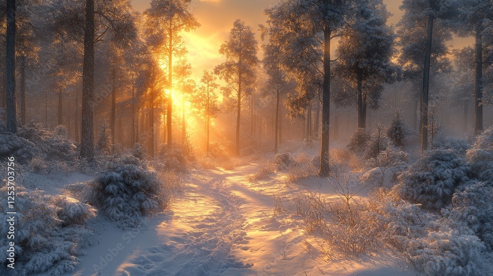 Naklejka premium Golden Hour's Embrace: A Sun-Kissed Winter Path Through a Frosty Forest, Where Sunlight Dances on Snow-Dusted Trees, Casting Long Shadows and a Warm Glow on a Cold Day