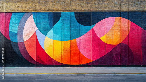 Vibrant abstract mural on urban wall showcasing colorful curves and shapes