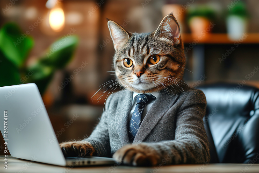 Professional Business Cat Working on a Laptop in an Office