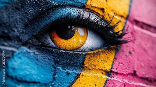 Brightly colored eye mural showcasing vibrant street art details and textures