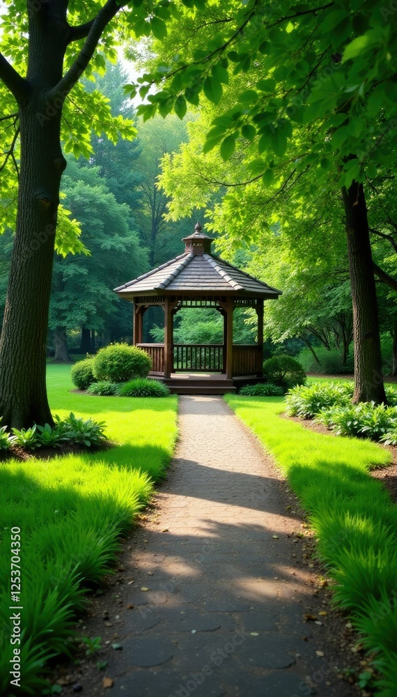 Pathway through a tranquil garden with a wooden gazebo at the end, trees, greenery, serene landscape Pathway through a tranquil garden with a wooden gazebo at the end, trees, greenery, serene landscape