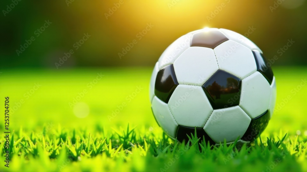 Naklejka premium A Classic Soccer Ball Rests on Lush Green Grass in Warm Sunlight