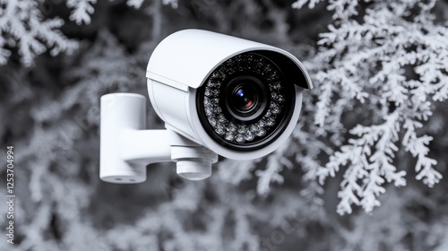 Security camera in snowy trees; winter surveillance