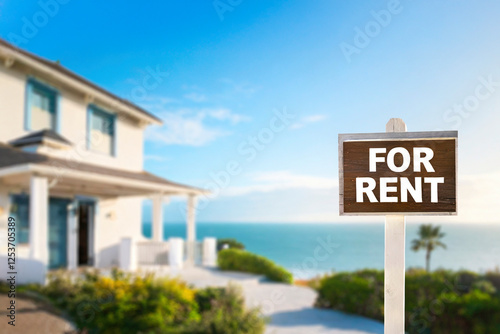 For rent sign on the background of tropical beach. Real estate concept image.