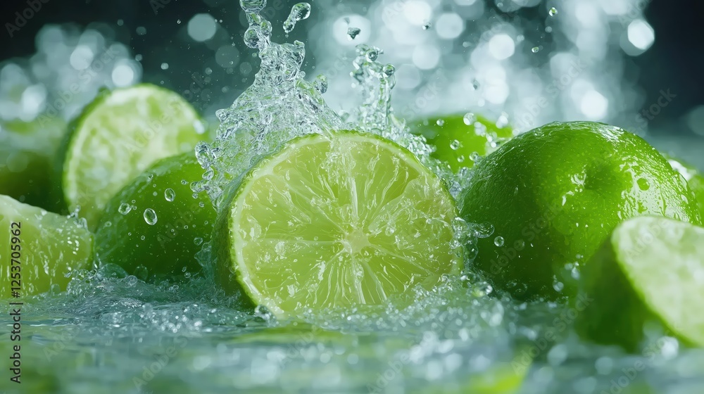 Fresh Lime Slices Splashing In Water On Dark Background Fresh Lime Slices Splashing In Water On Dark Background