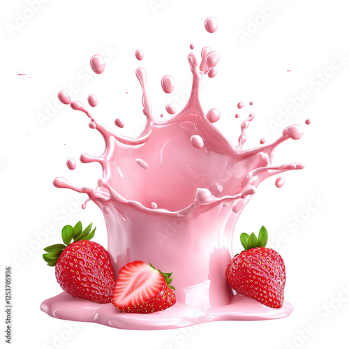 A pink strawberry splashing into a pink splash of milk