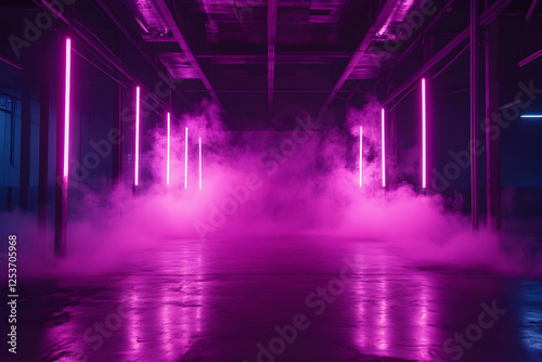 Dark warehouse with pink neon lights, smoke-filled atmosphere, creating a music video vibe with an empty room.