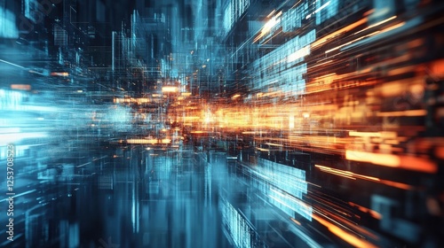 Abstract futuristic cityscape with blurred motion and vibrant digital lights