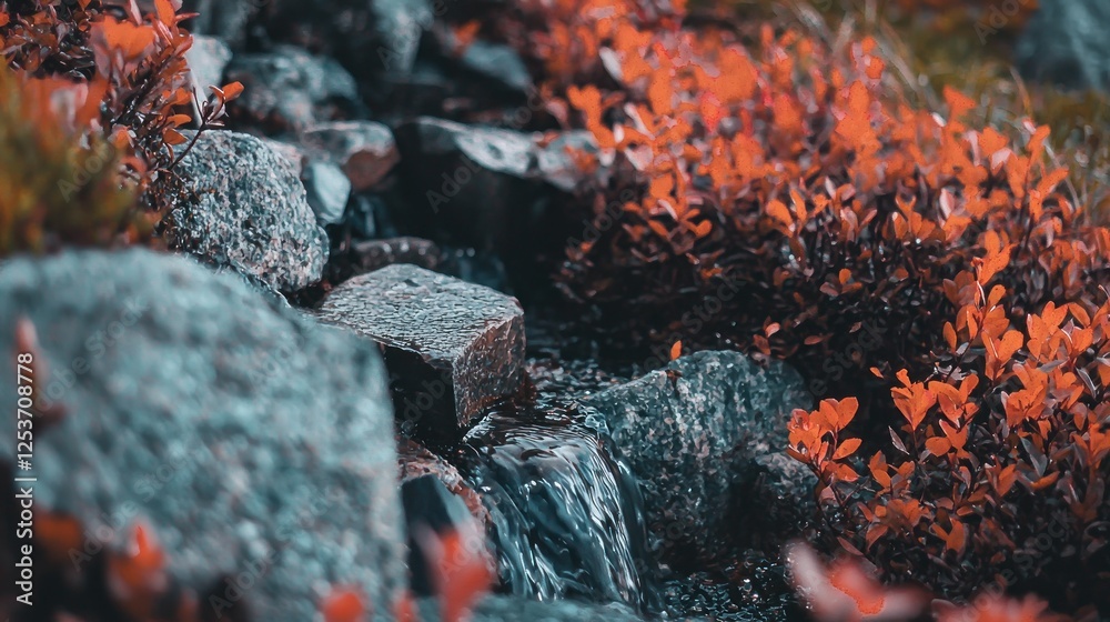 Rocky stream flowing through autumnal plants Rocky stream flowing through autumnal plants