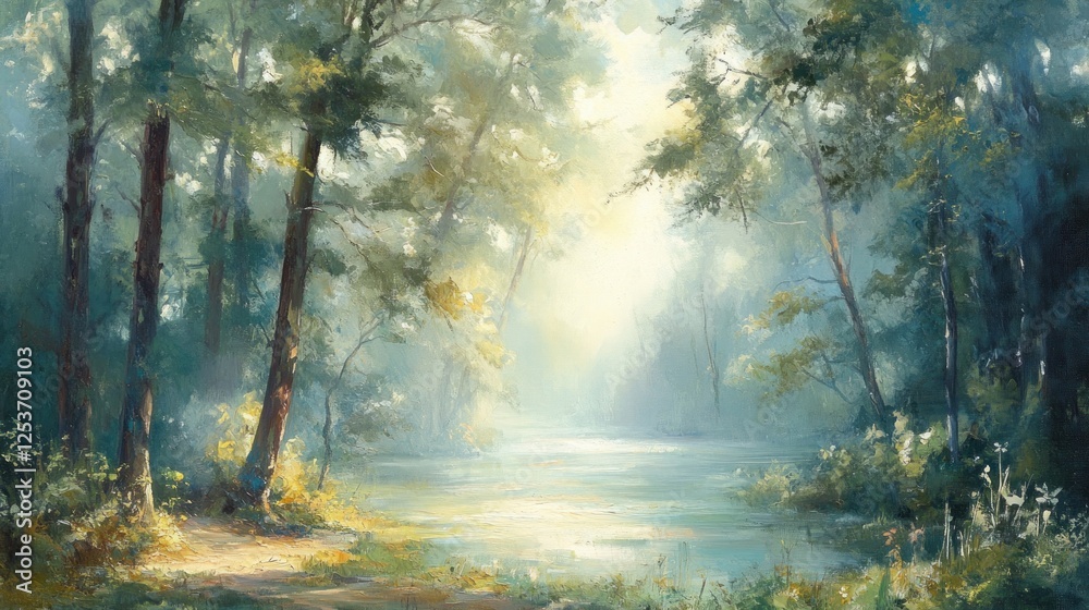 Serene Forest Lake: A Misty Morning in Nature's Embrace Serene Forest Lake: A Misty Morning in Nature's Embrace