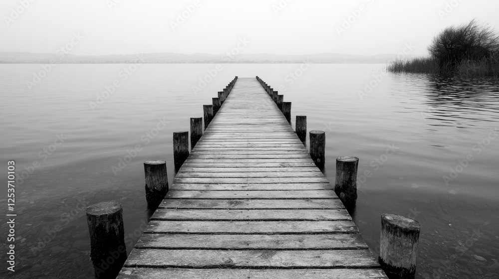 Naklejka premium Tranquil Lakeside Wooden Dock Path in Misty Fog