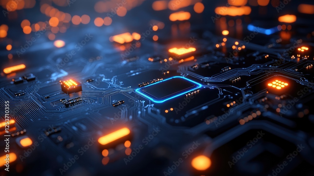 A close-up view of a circuit board with illuminated components, showcasing technology. A close-up view of a circuit board with illuminated components, showcasing technology.