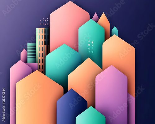 Colorful paper shapes mimic a city skyline, ideal for urban development and architectural representation on a dark violet background photo