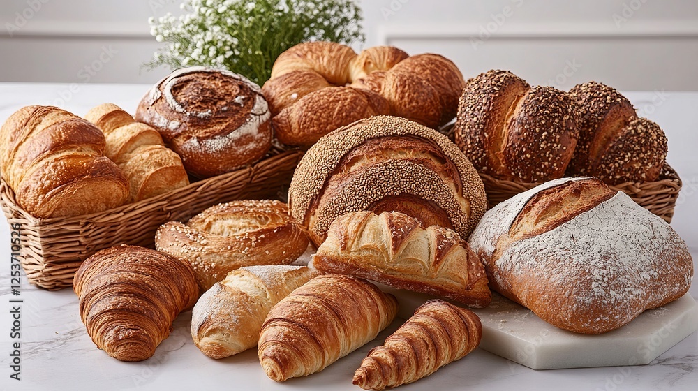 Delightful bakery display of fresh breads cozy bakery food photography bright ambiance close-up artisan variety Delightful bakery display of fresh breads cozy bakery food photography bright ambiance close-up artisan variety