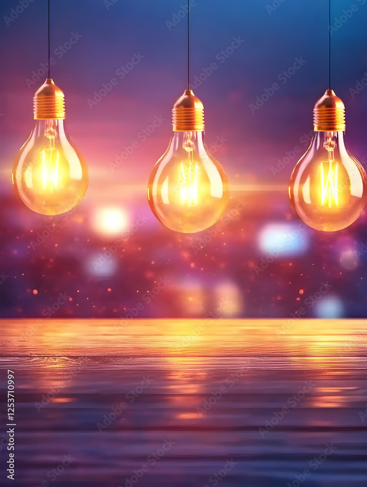 Decorative old-fashioned light bulbs hang over a polished surface with a blurred nightscape background. For use as a background or template Decorative old-fashioned light bulbs hang over a polished surface with a blurred nightscape background. For use as a background or template