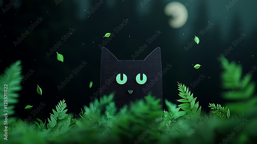 Fototapeta premium A whimsical cat figure surrounded by ferns at night with a glowing moon in the forest