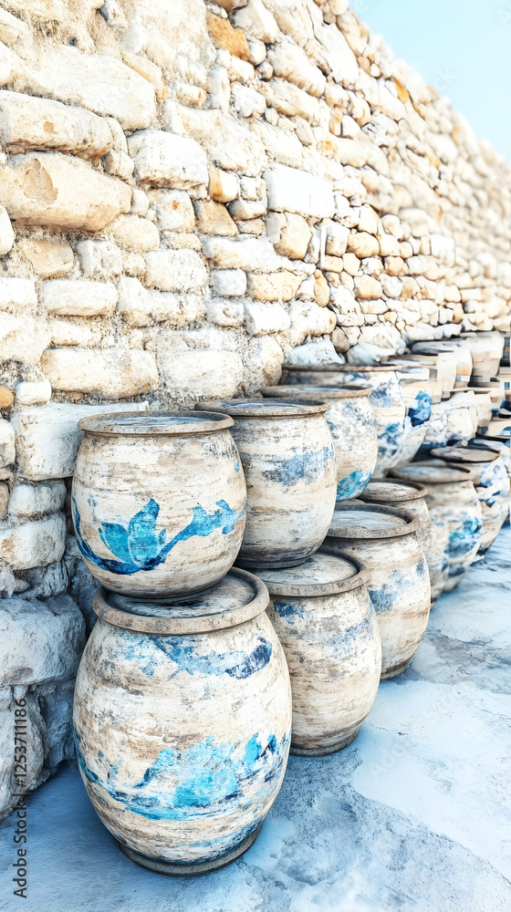 Display of rustic painted pots stacked against a stone wall; can be used for a travel story or historical article Display of rustic painted pots stacked against a stone wall; can be used for a travel story or historical article