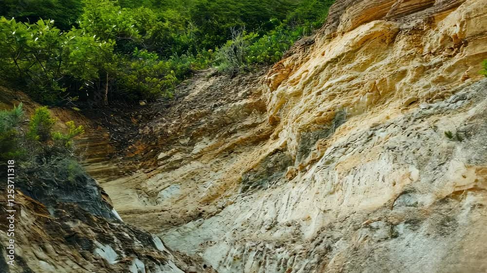 Colorful sandstone cliff face, lush vegetation, natural ravine. Website, travel brochure use Colorful sandstone cliff face, lush vegetation, natural ravine. Website, travel brochure use